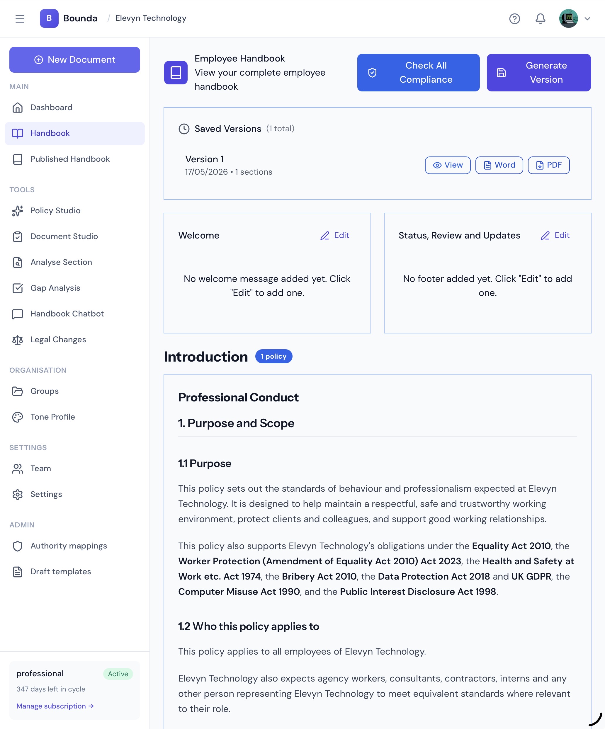 Bounda Employee Handbook view showing saved versions, Check All Compliance and Generate Version actions, and a Professional Conduct policy