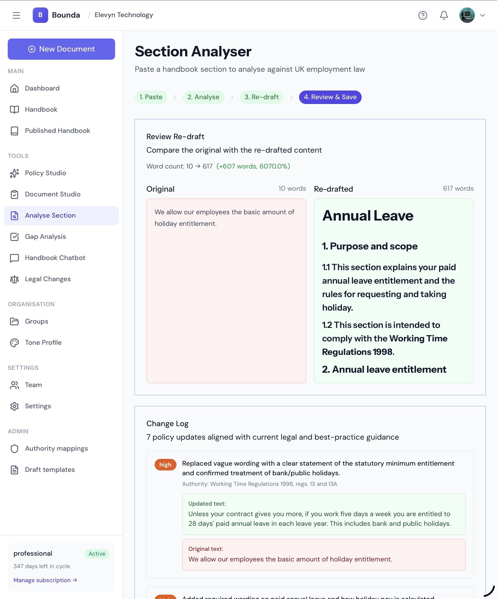 Review Re-draft interface showing an original 10-word policy expanded to 617 words with a side-by-side comparison and a change log of critical and high priority fixes