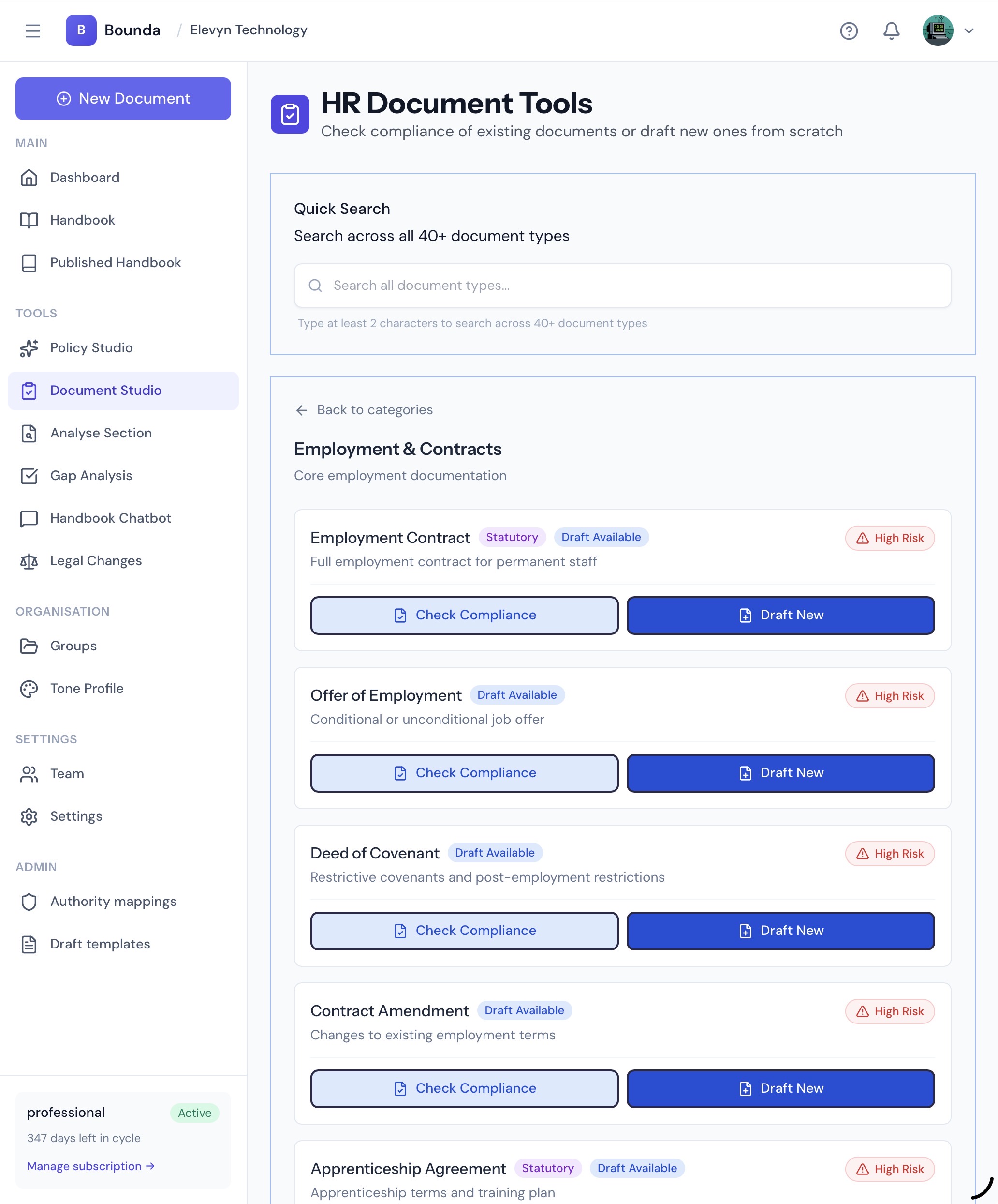 Bounda HR Document Tools showing Employment and Contracts document types with Check Compliance and Draft New options