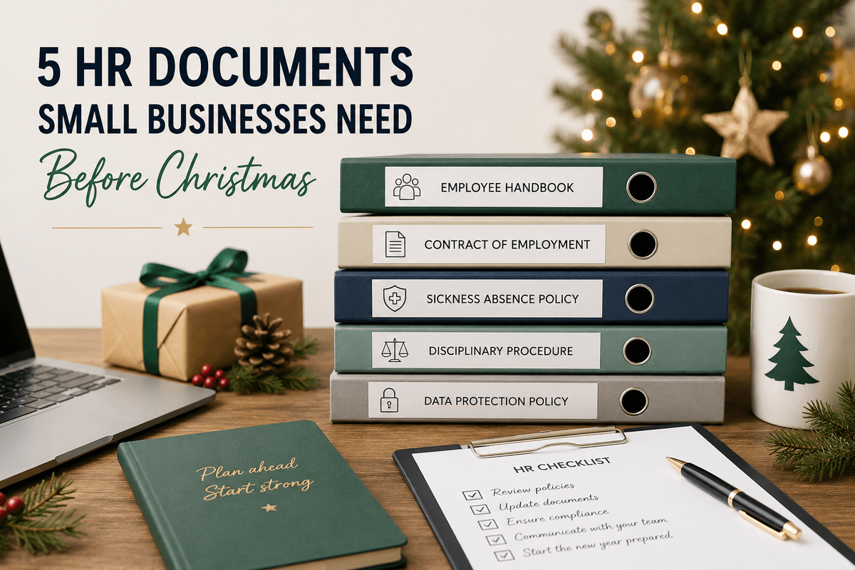 Five labelled HR binders on a desk — employee handbook, contract, sickness absence, disciplinary, and data protection — with a Christmas HR checklist for UK small businesses