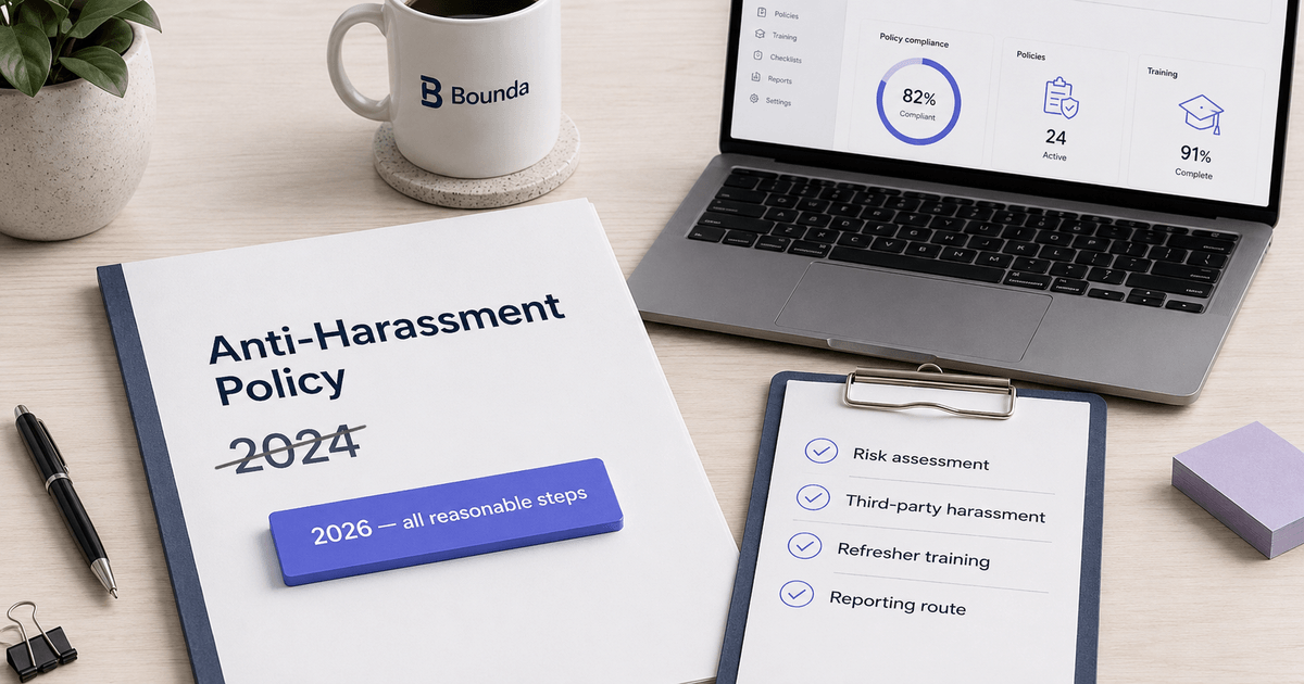 Anti-harassment policy binder with the year 2024 crossed out and replaced by 2026 all reasonable steps, beside a laptop showing a Bounda compliance dashboard and a checklist covering risk assessment, third-party harassment, refresher training and a reporting route