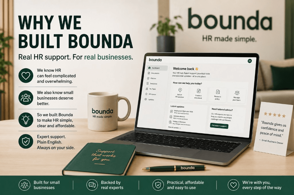 Bounda laptop dashboard on a desk with branded mug and notebook, headline why we built Bounda with real HR support for small businesses