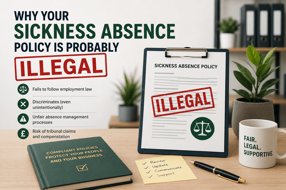 Sickness absence policy document stamped illegal on a desk, with checklist for review, update, communicate and support, and a mug reading fair, legal, supportive