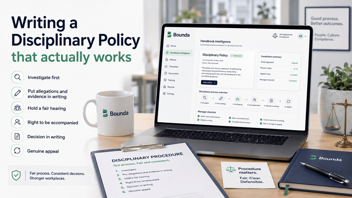 Laptop showing Bounda disciplinary policy compliance dashboard on a desk with clipboard listing investigate, hearing, accompaniment, written decision and appeal steps