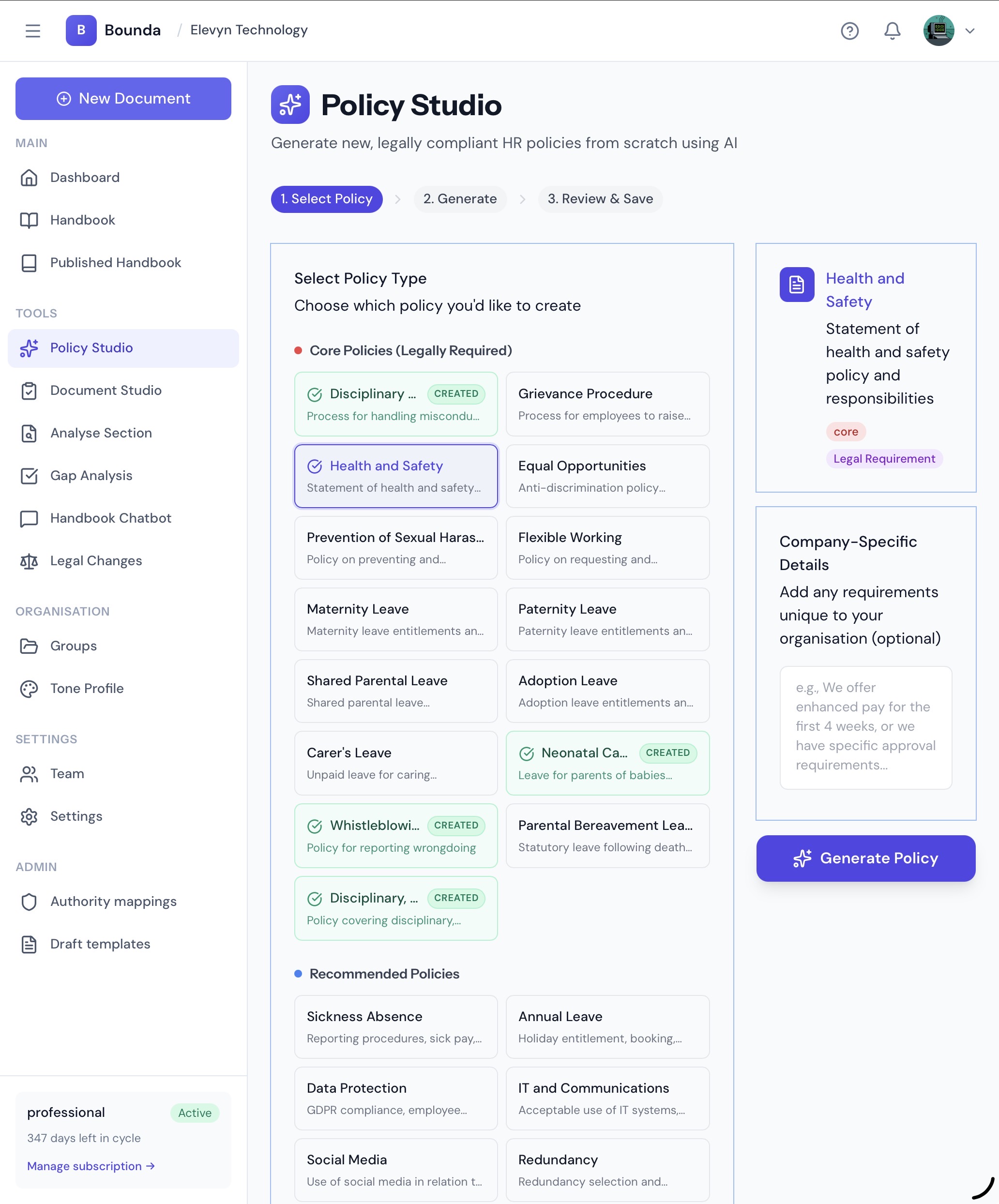 Policy Studio interface showing policy type selection with Core Policies like Disciplinary Procedure, Grievance Procedure, Health and Safety, and more