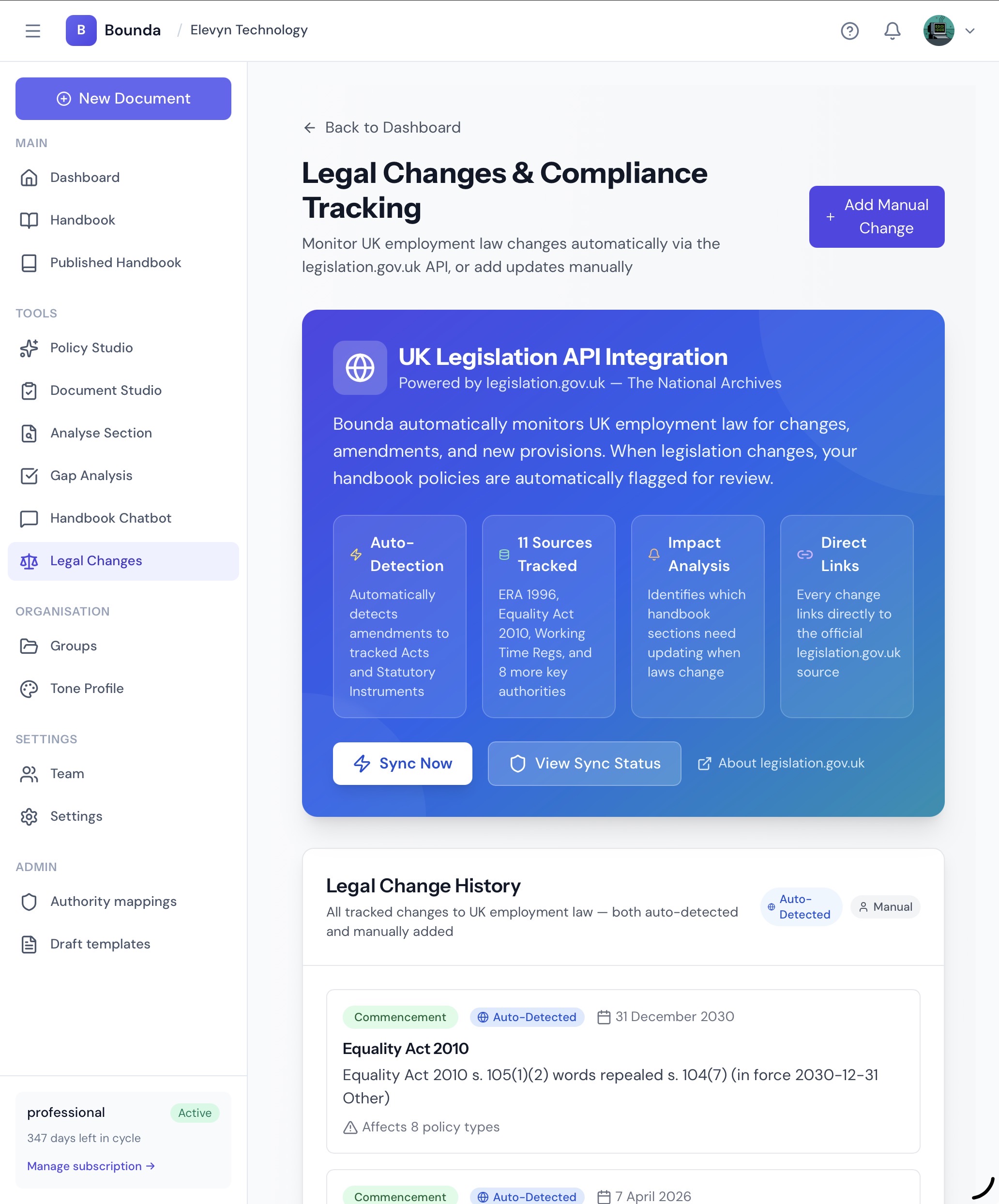 Bounda legal changes dashboard showing UK Legislation API integration and compliance tracking